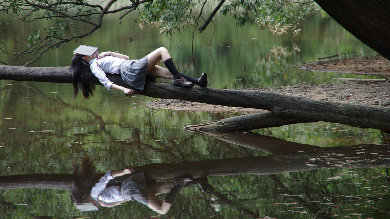 Спящая на стволе дерева над водоёмом девушка в блузке юбке, закрывшая лицо книгой